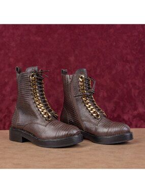 Jeffrey Campbell Wmn Damon Croc Print Brown Leather Lace Up Ankle Combat Boots 7